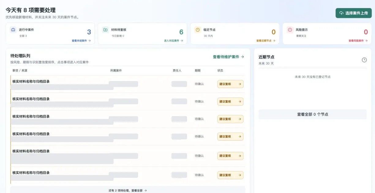 法务工作台工作概览:待处理队列与近期节点