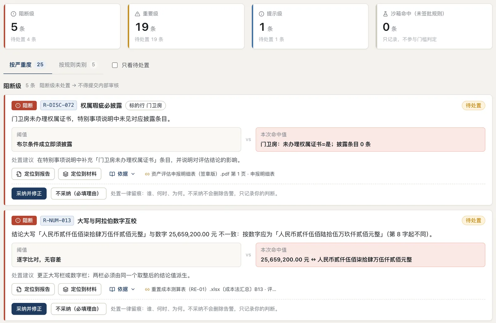 阻断级、重要级、提示级各有几条、待处置几条