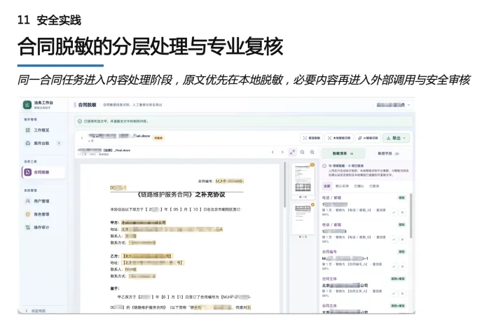合同脱敏的分层处理与专业复核：花房集团内部法务工作台的合同脱敏界面（已脱敏）